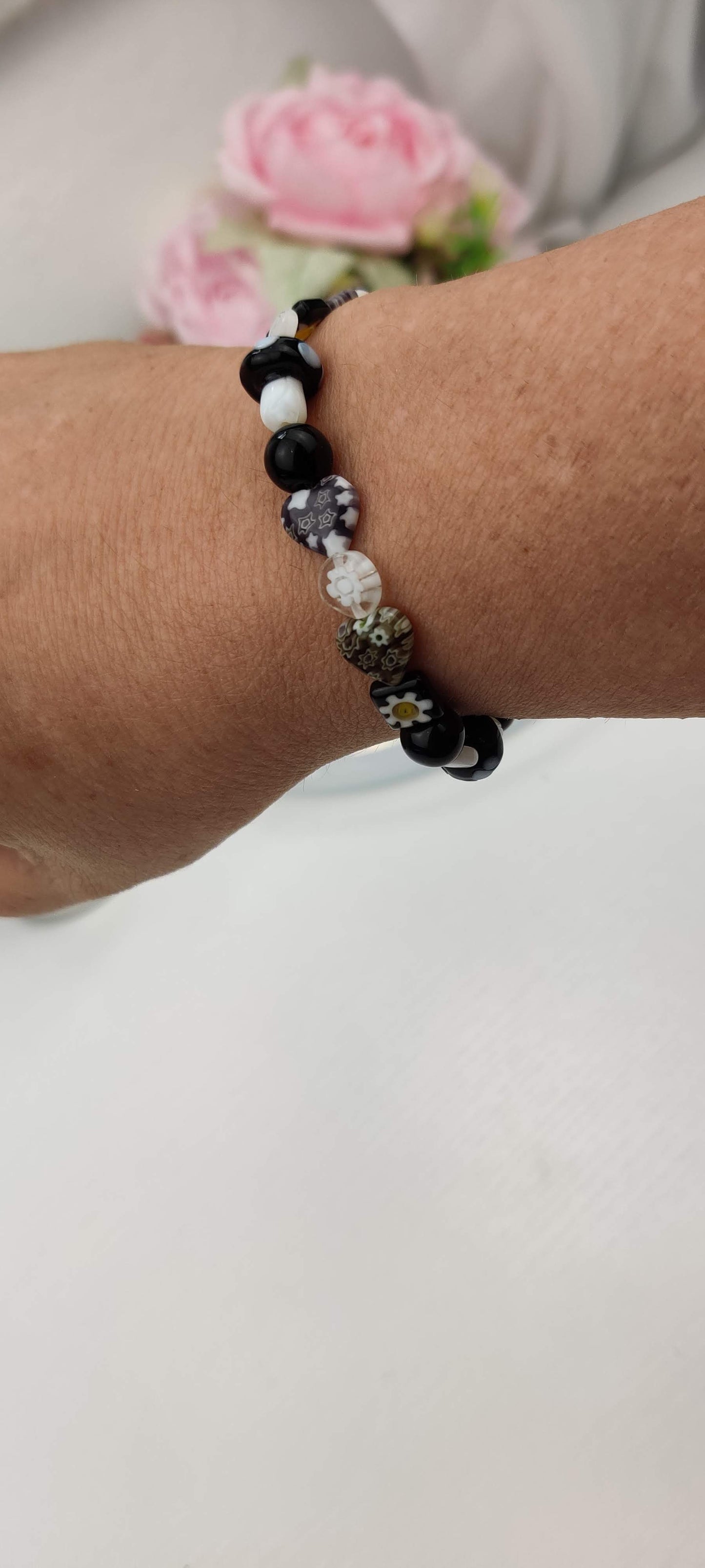 Lampwork Glass Millefiori Beads in Light Black, Gray and White Glass Beads Stretch Bracelet