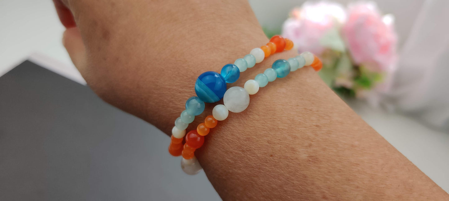 Two Natural Stones Bracelets in Blue, Orange, and White