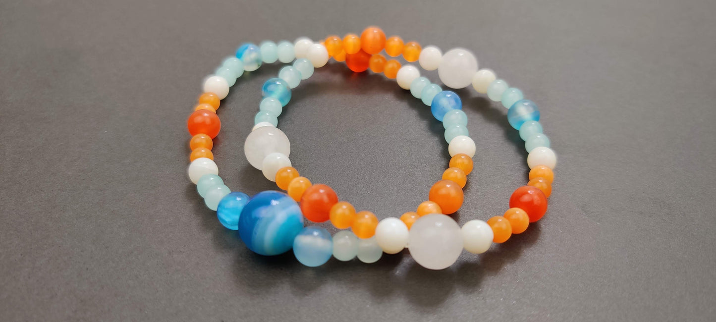 Two Natural Stones Bracelets in Blue, Orange, and White