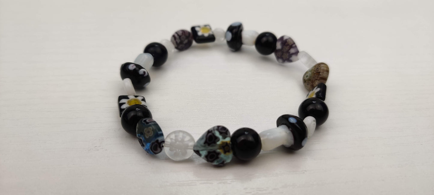 Lampwork Glass Millefiori Beads in Light Black, Gray and White Glass Beads Stretch Bracelet