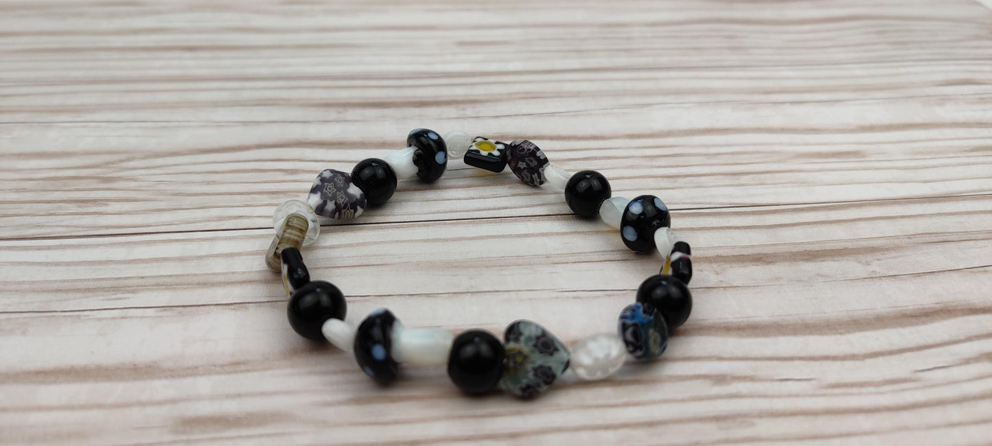 Lampwork Glass Millefiori Beads in Light Black, Gray and White Glass Beads Stretch Bracelet