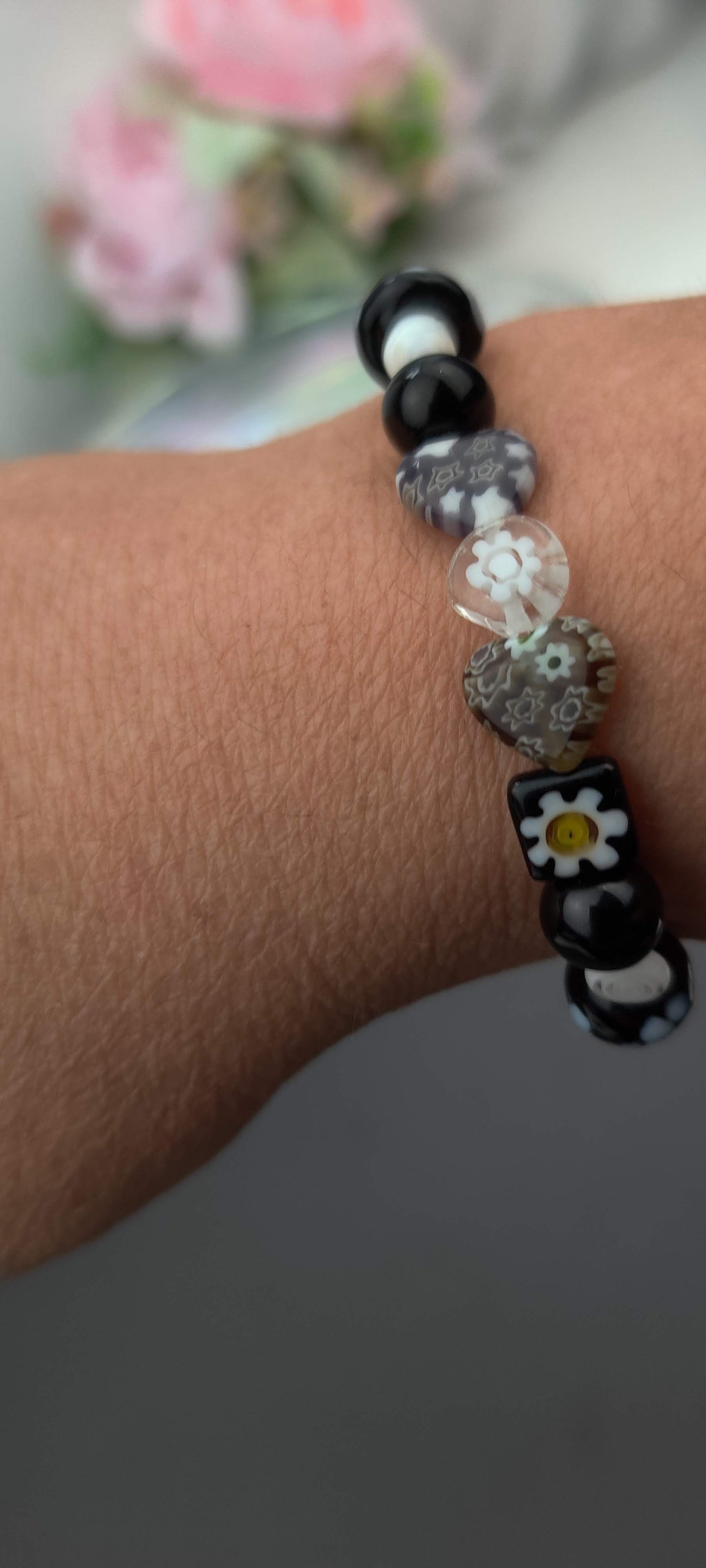 Lampwork Glass Millefiori Beads in Light Black, Gray and White Glass Beads Stretch Bracelet