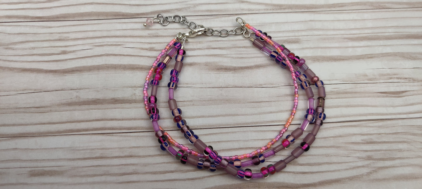 Three Strand Minimalist Bracelet with Purple and Pink Beads