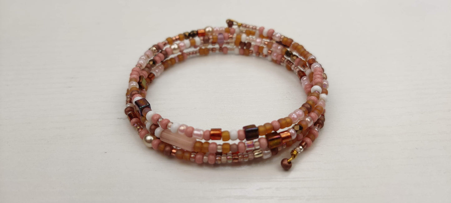 Peach, White, and Shades of Brown Beads Memory Wire Bracelet