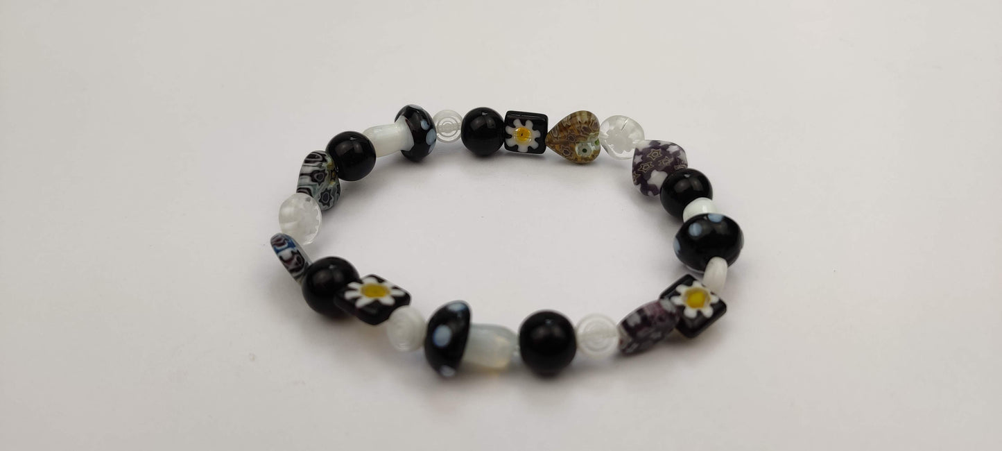 Lampwork Glass Millefiori Beads in Light Black, Gray and White Glass Beads Stretch Bracelet