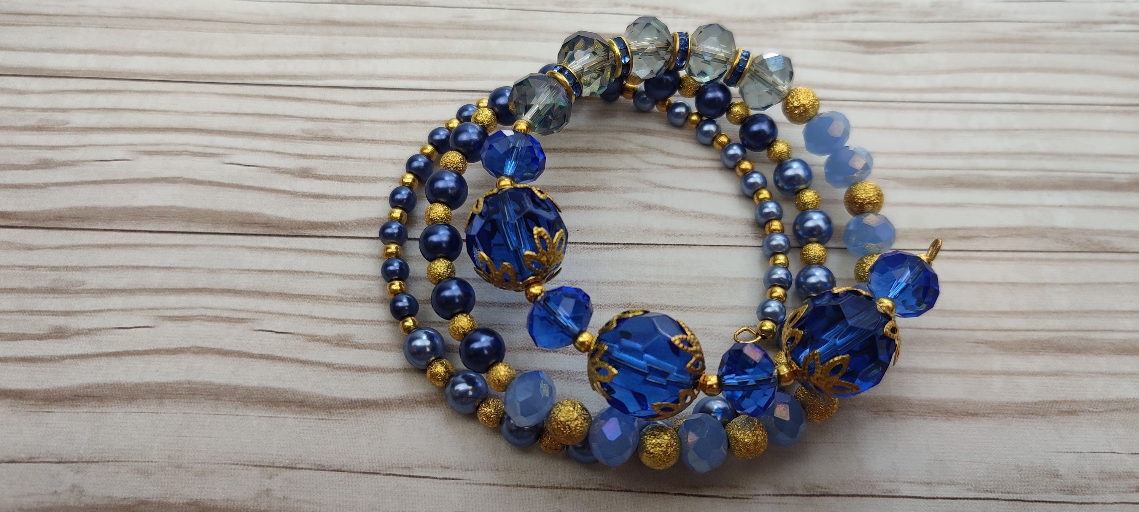 Blue Beads Memory Wire Bracelet