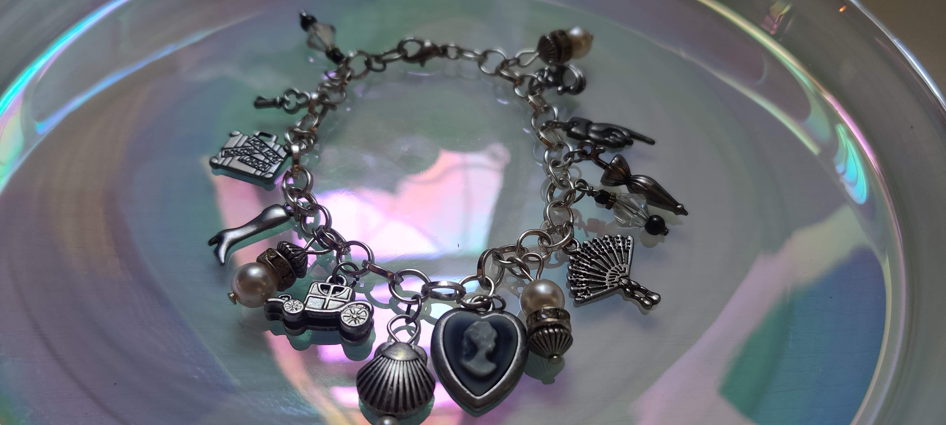 Vintage Old Time Theme Charm Bracelet with Glass Beads and Metal Charms