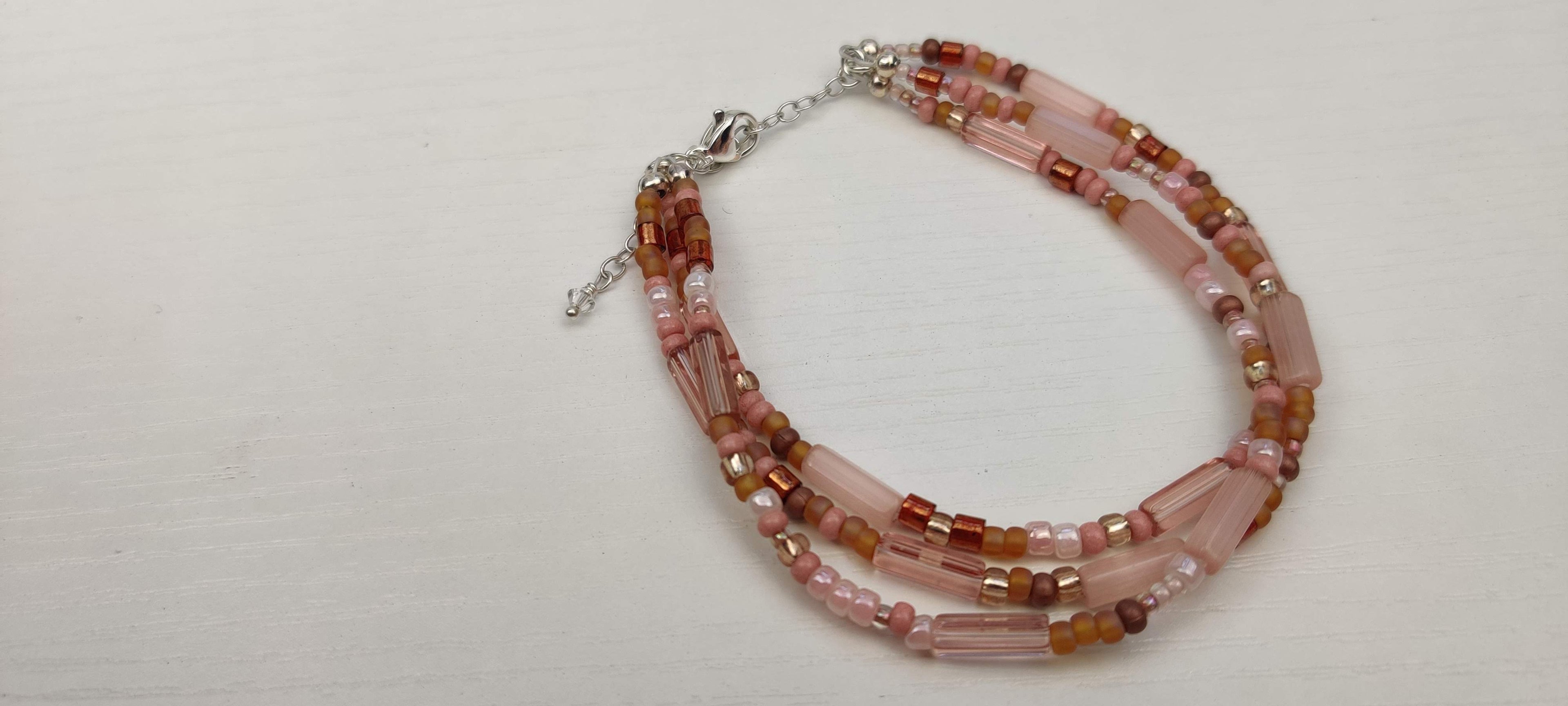 Three Strand Bracelet with Peach and Brown Beads