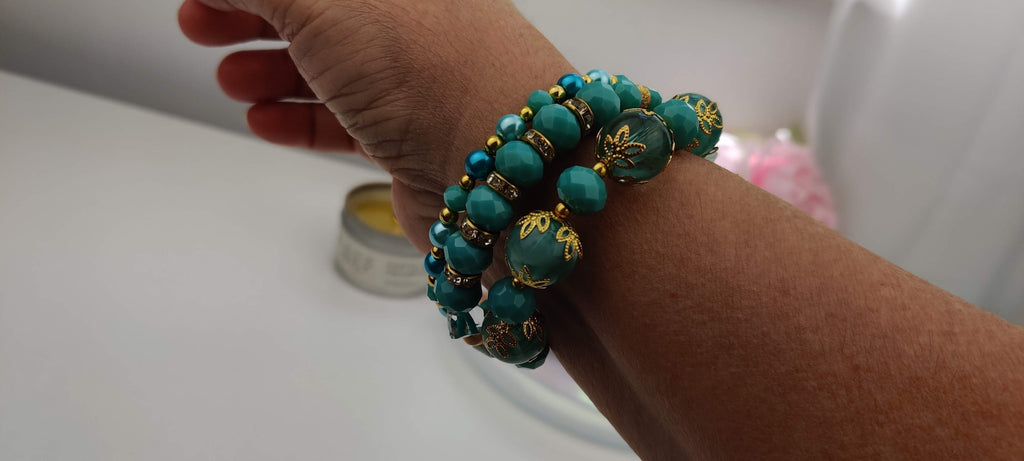 Blue-Green Beads Memory Wire Bracelet