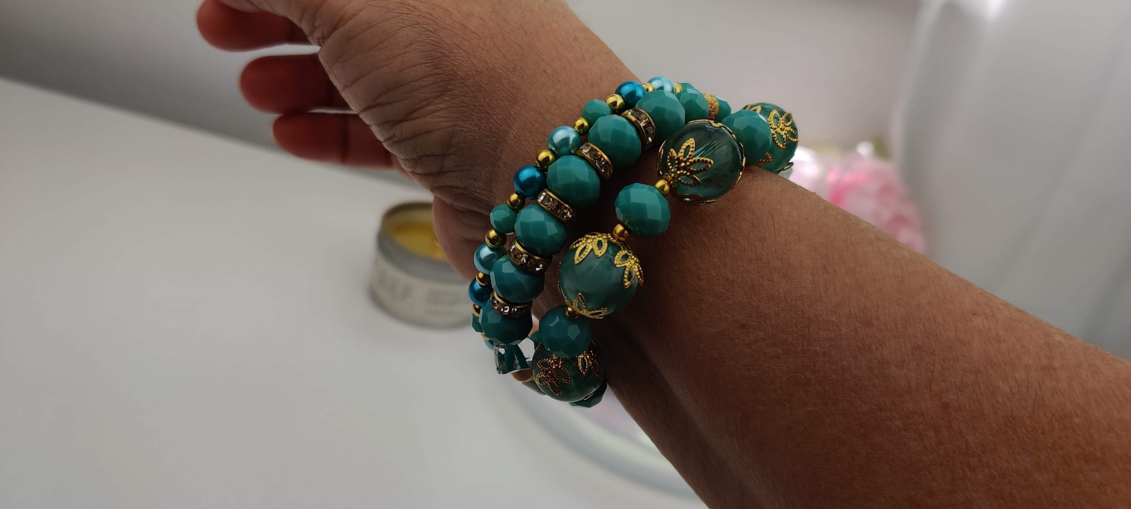 Blue-Green Beads Memory Wire Bracelet