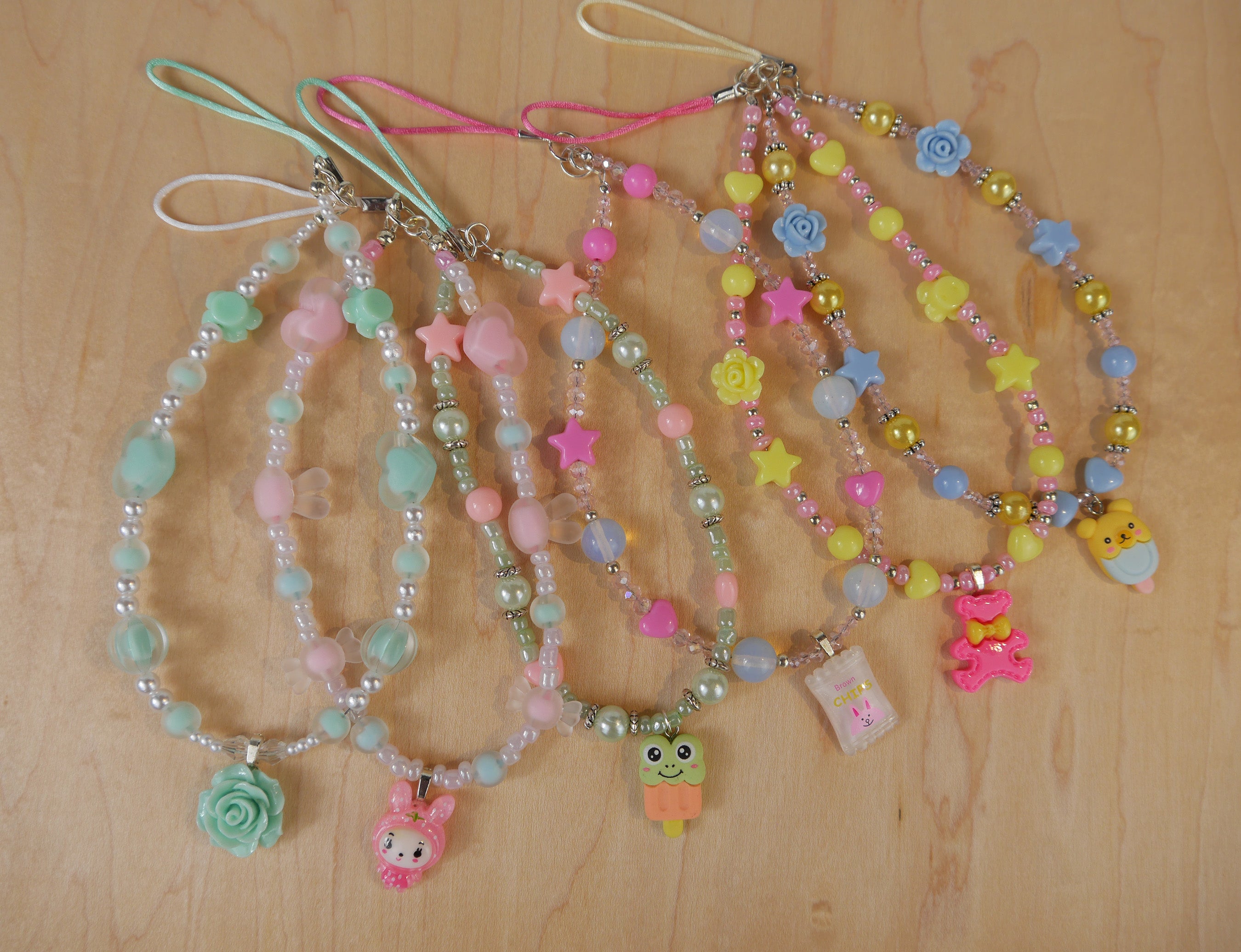 Kawaii Animals, bunny, popsicles, teddy bear charms, Phone Holder Lanyard Strap Acrylic Beads