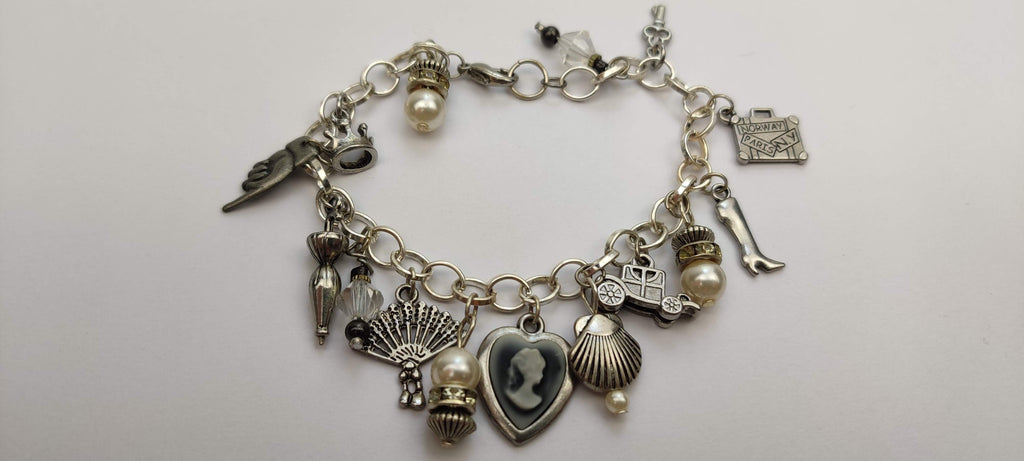 Vintage Old Time Theme Charm Bracelet with Glass Beads and Metal Charms