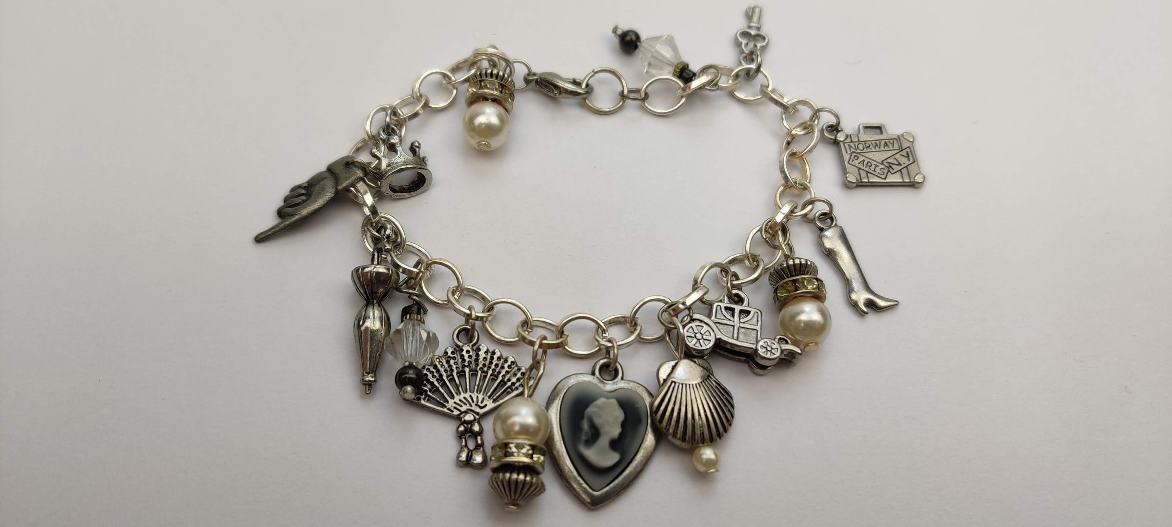 Vintage Old Time Theme Charm Bracelet with Glass Beads and Metal Charms