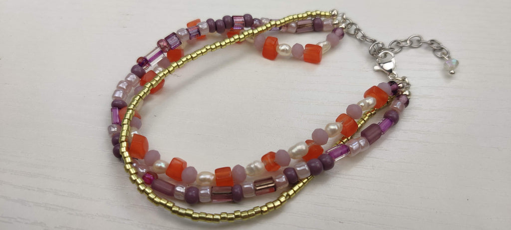 Three Strand Bracelet with Gold, Purple, Orange, and Freshwater Pearls Glass Beads
