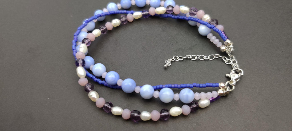 Three Strand Bracelet with Blue and Purple Glass Beads