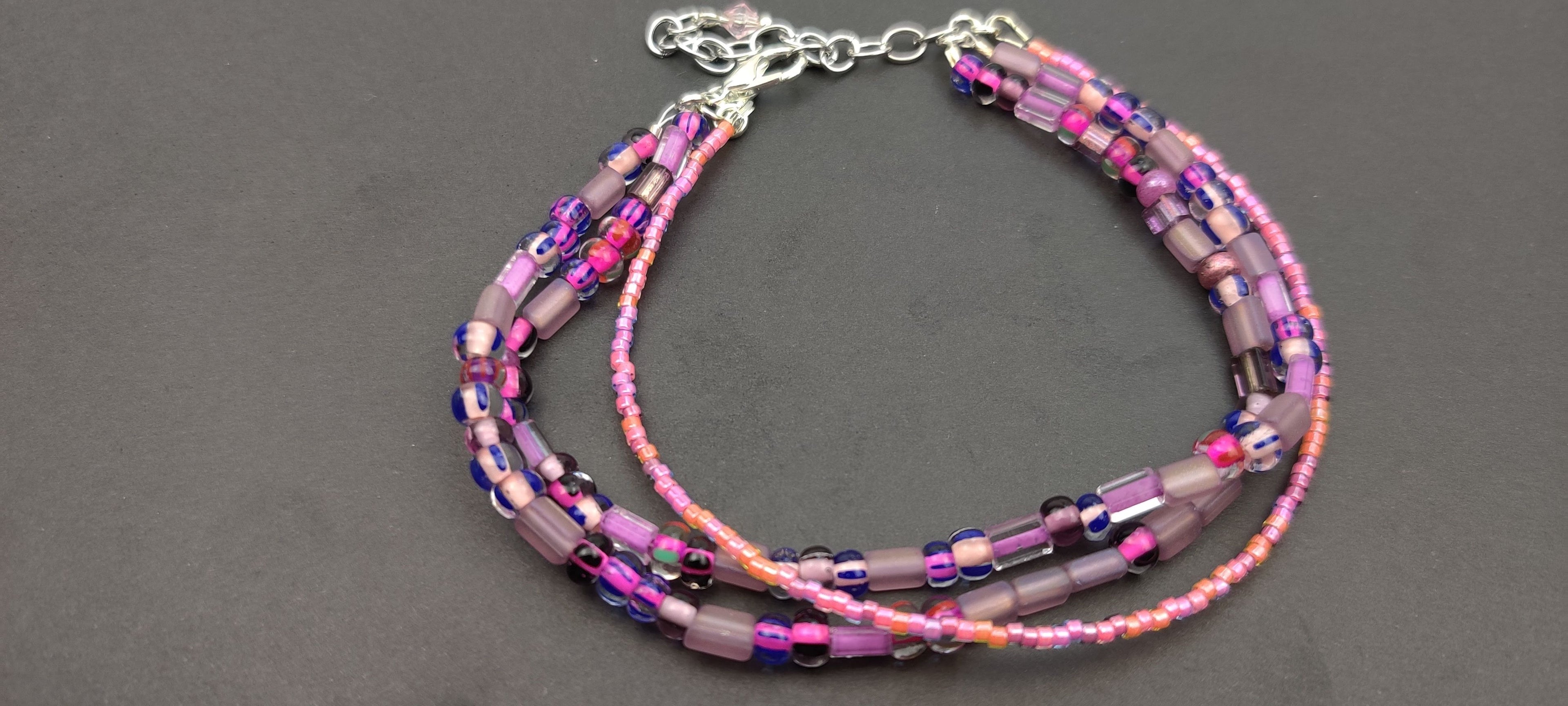 Three Strand Bracelet with Pink and Purple  Beads