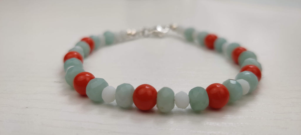 Orange, Light Blue, and White Glass Beads Bracelet