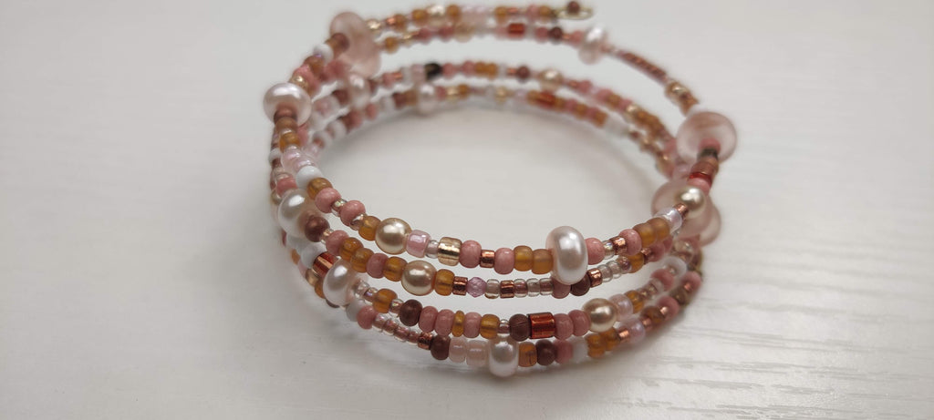Peach, White, and Shades of Brown Beads Memory Wire Bracelet