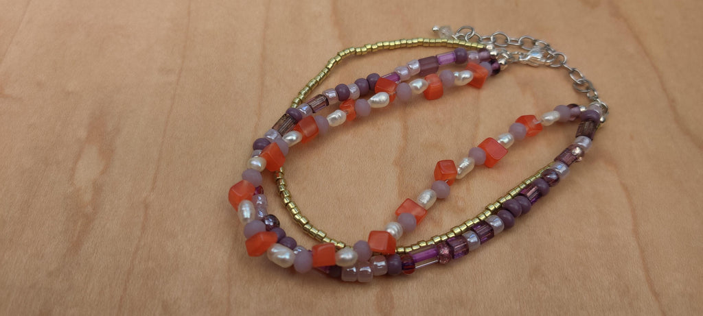 Three Strand Bracelet with Gold, Purple, Orange, and Freshwater Pearls Glass Beads