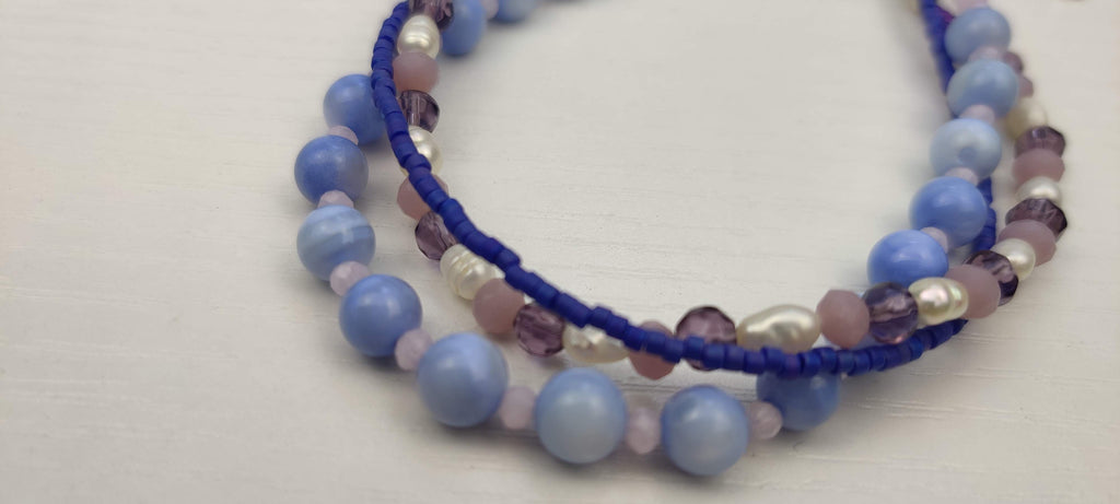 Three Strand Bracelet with Blue and Purple Glass Beads