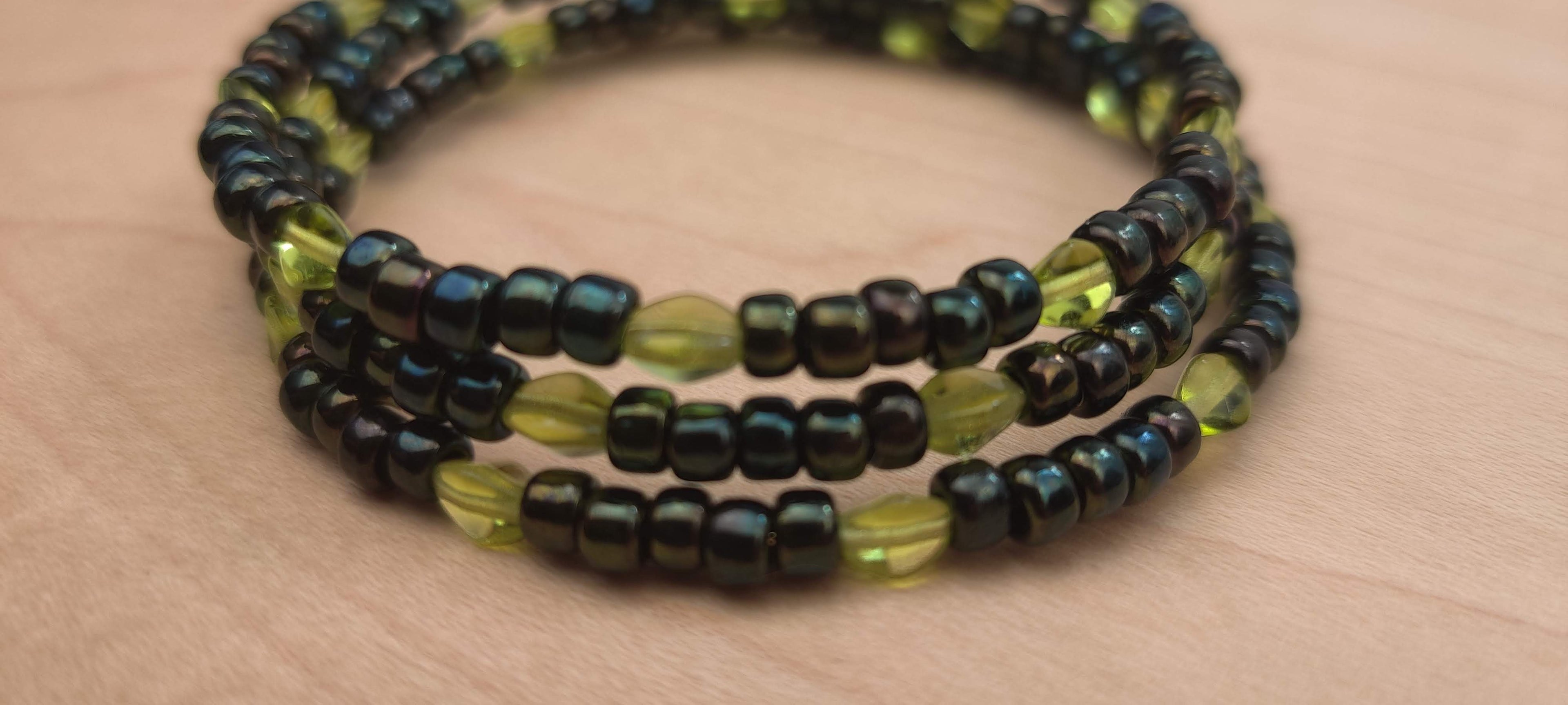 Black and Light Green Beads Memory Wire Bracelet