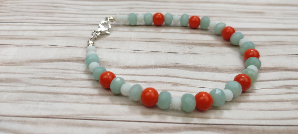 Orange, Light Blue, and White Glass Beads Bracelet