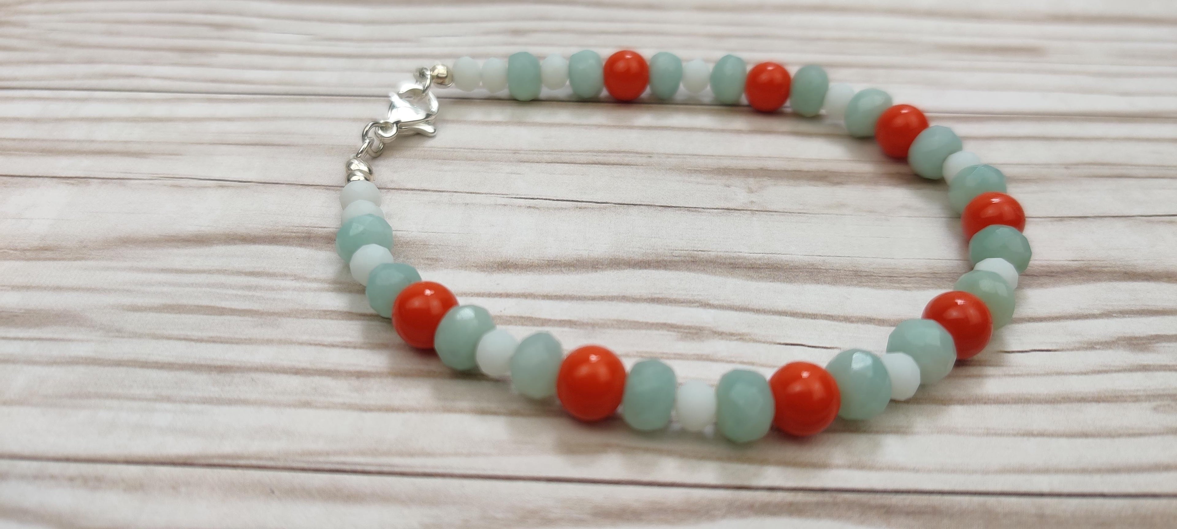 Orange, Light Blue, and White Glass Beads Bracelet