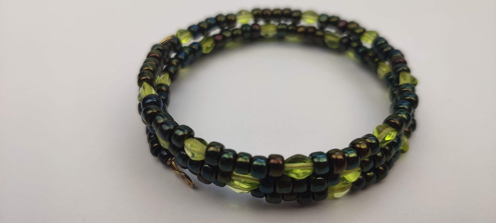 Black and Light Green Beads Memory Wire Bracelet