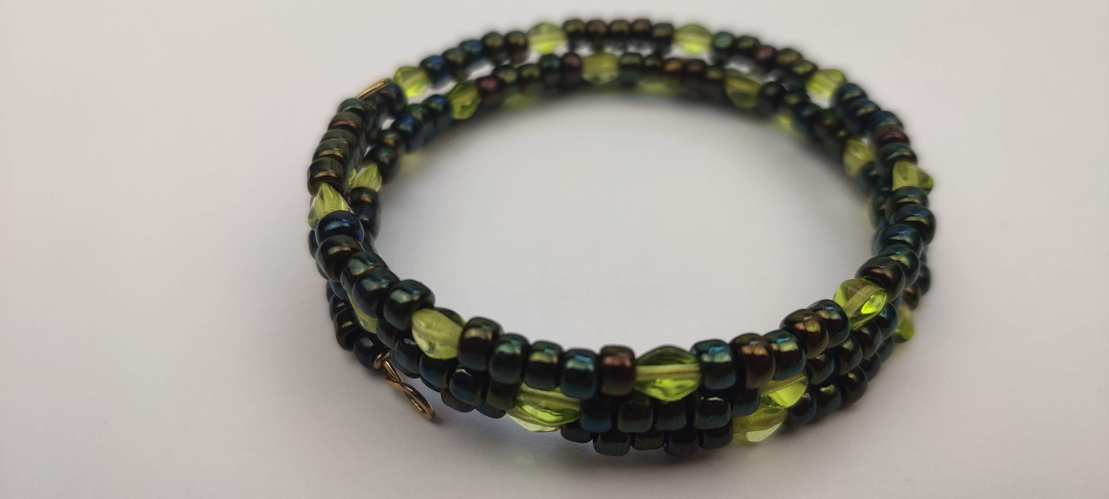 Black and Light Green Beads Memory Wire Bracelet