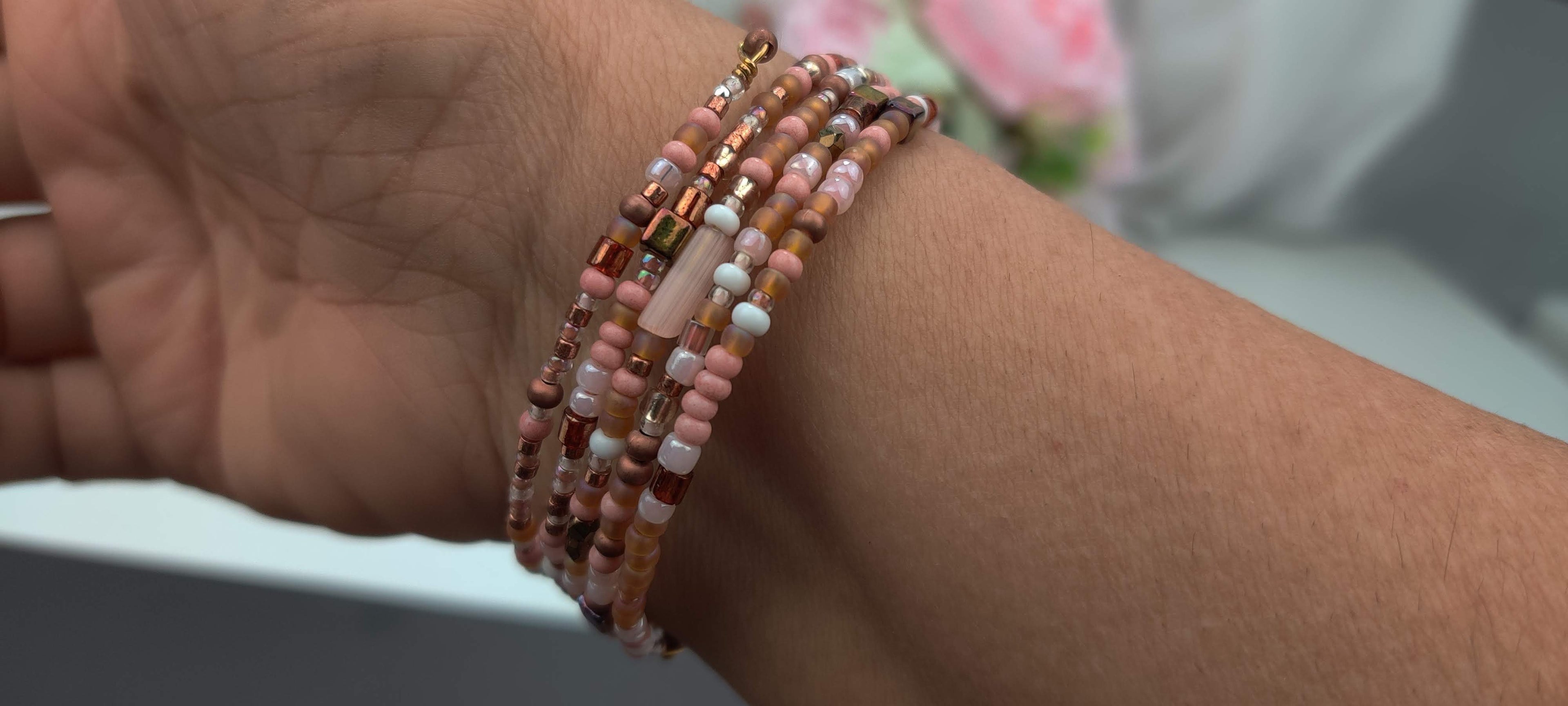 Peach, White, and Shades of Brown Beads Memory Wire Bracelet