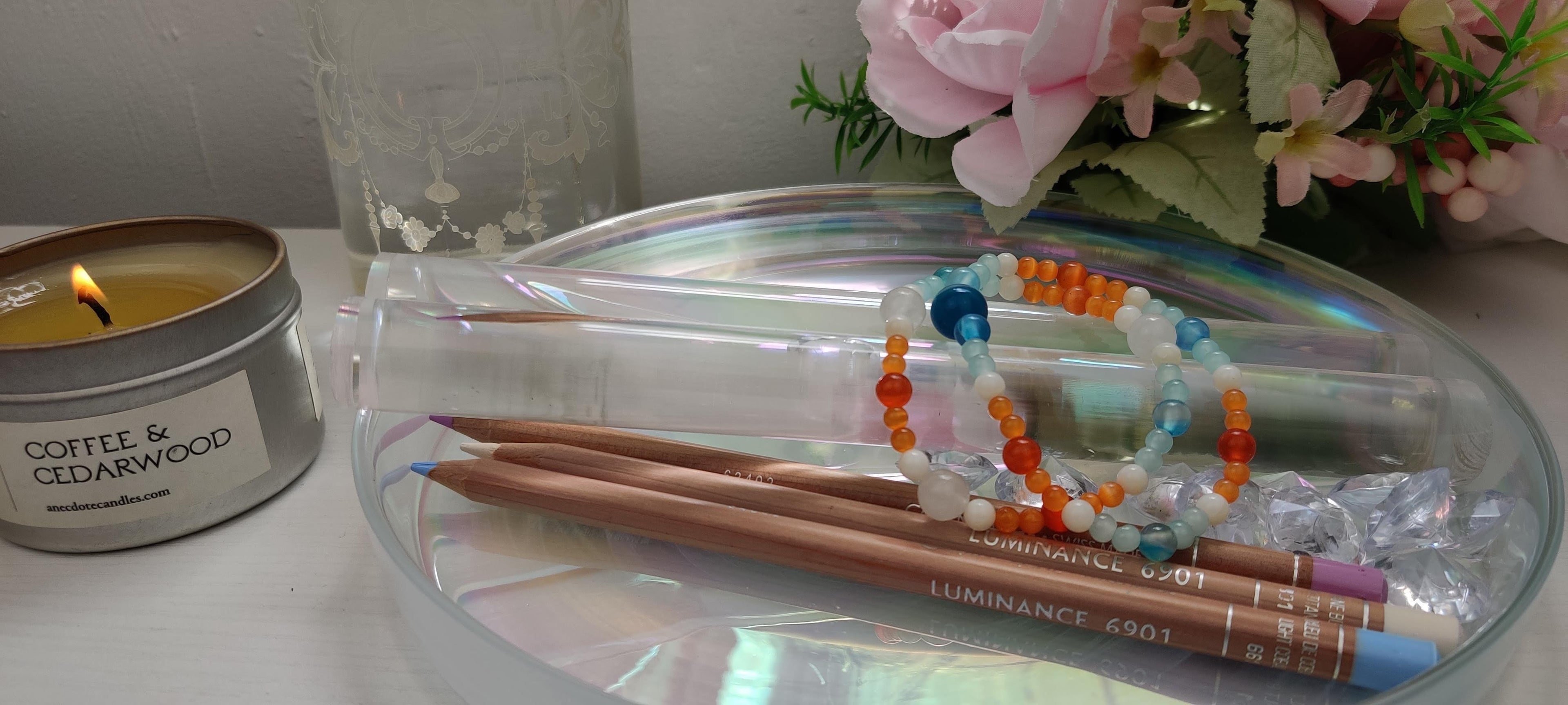Two Natural Stones Bracelets in Blue, Orange, and White