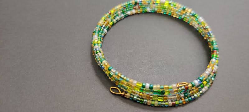 Green, Brown, and White, and Shades of Seed Beads Memory Wire Bracelet