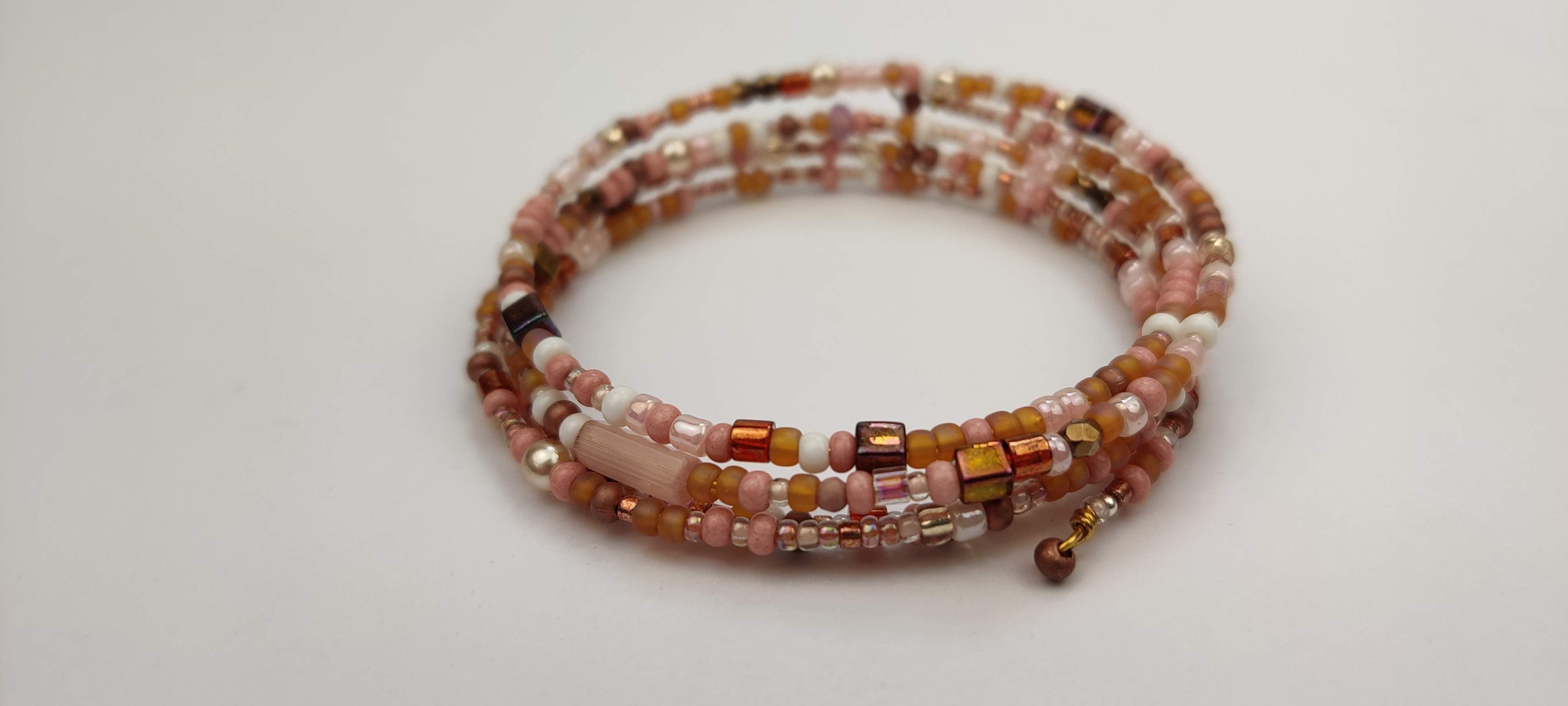 Peach, White, and Shades of Brown Beads Memory Wire Bracelet