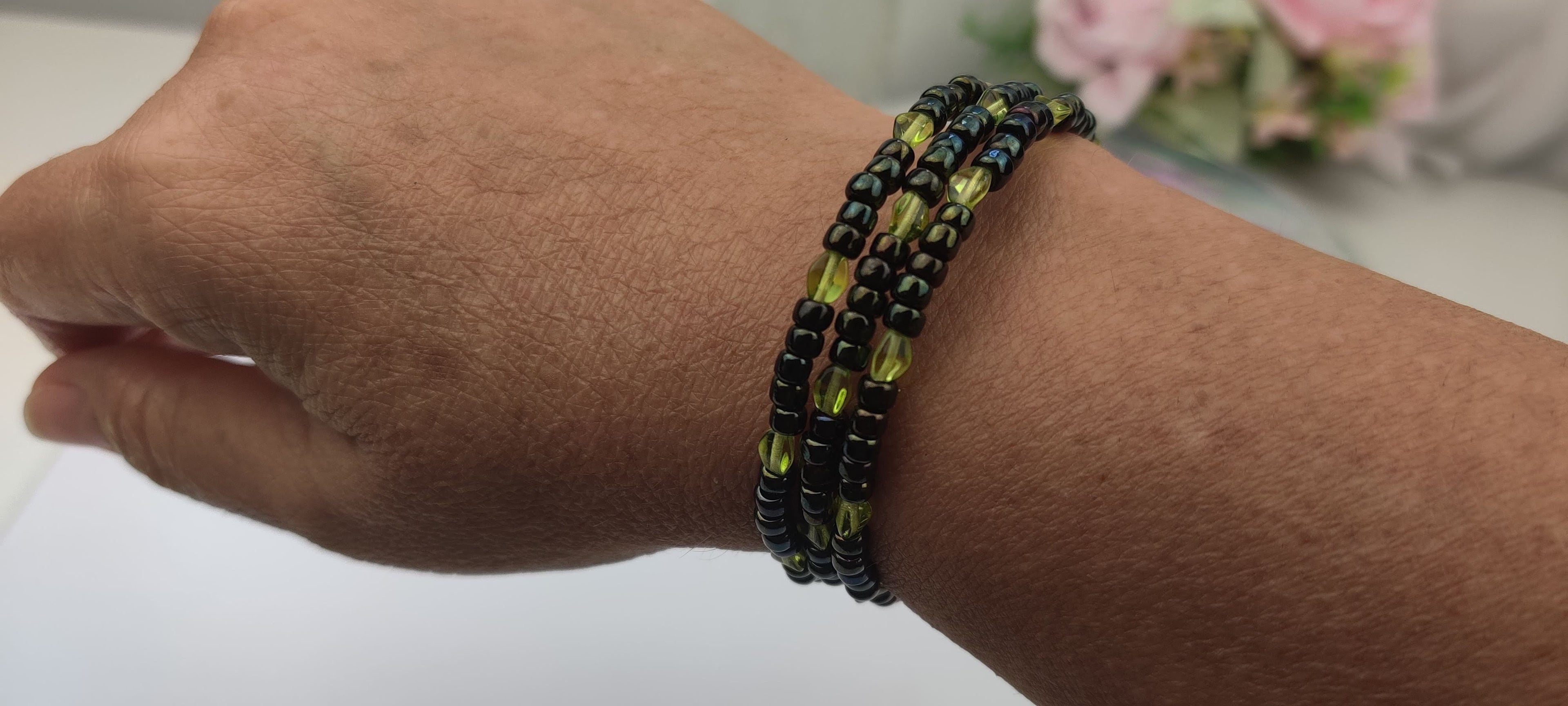 Black and Light Green Beads Memory Wire Bracelet