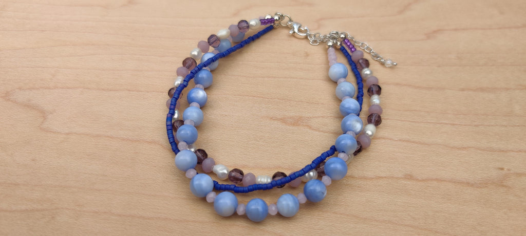 Three Strand Bracelet with Blue and Purple Glass Beads