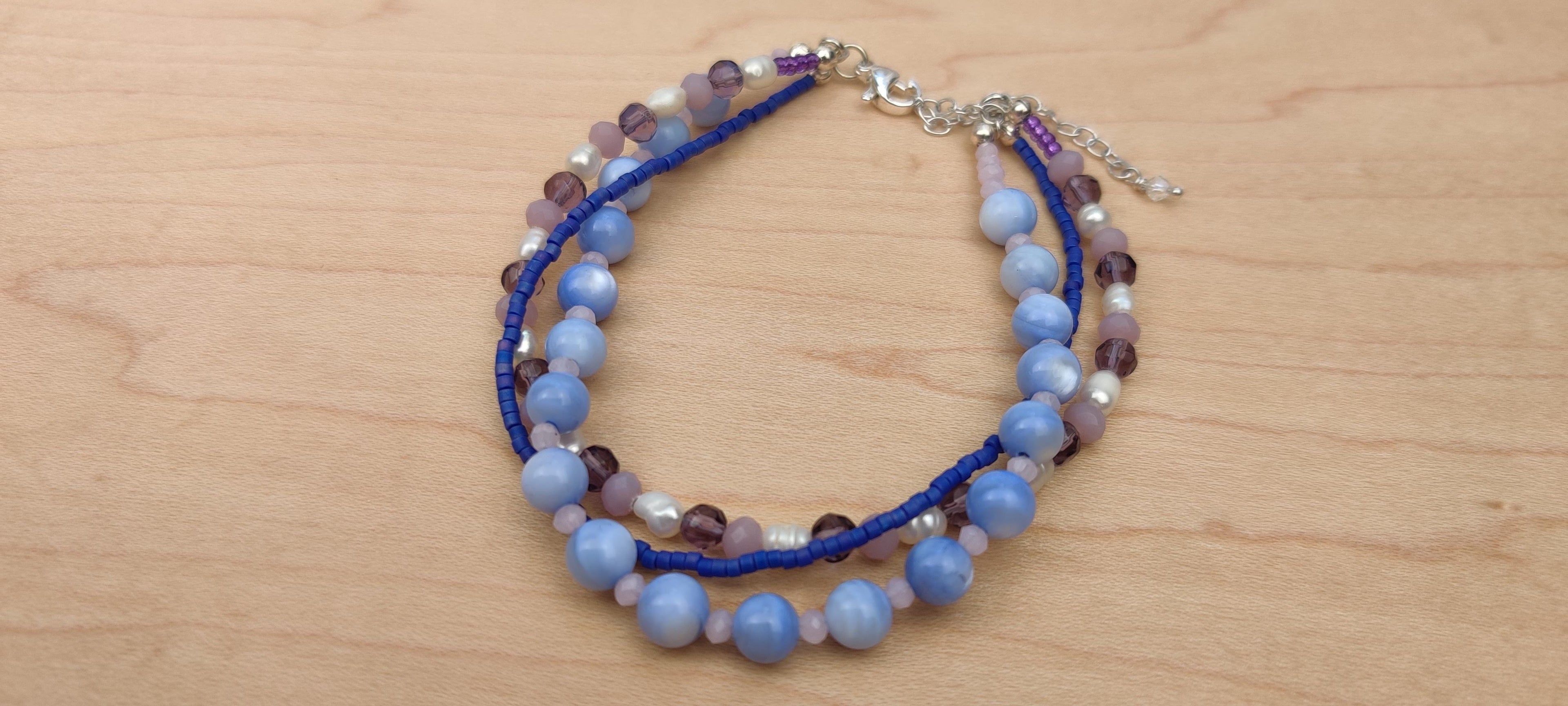 Three Strand Bracelet with Blue and Purple Glass Beads