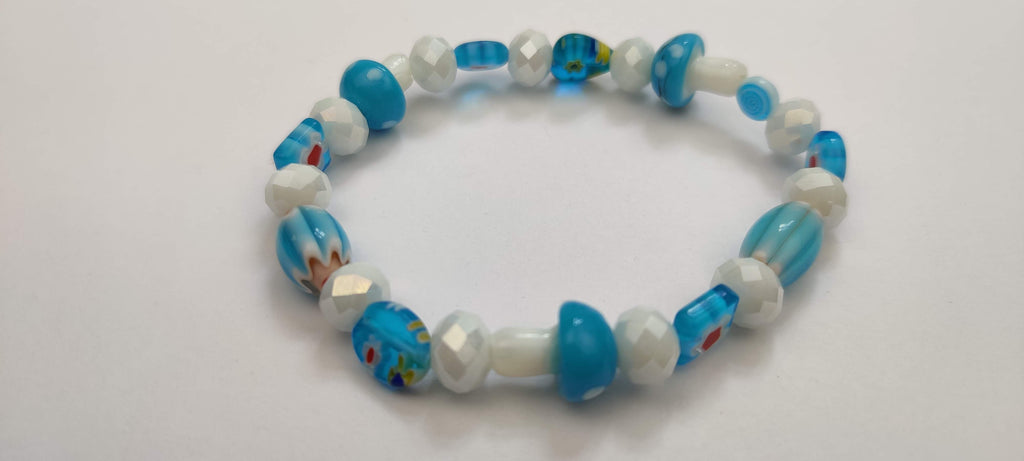 Lampwork Glass Millefiori Beads Stretch in Light Blue and White Glass Beads Bracelet