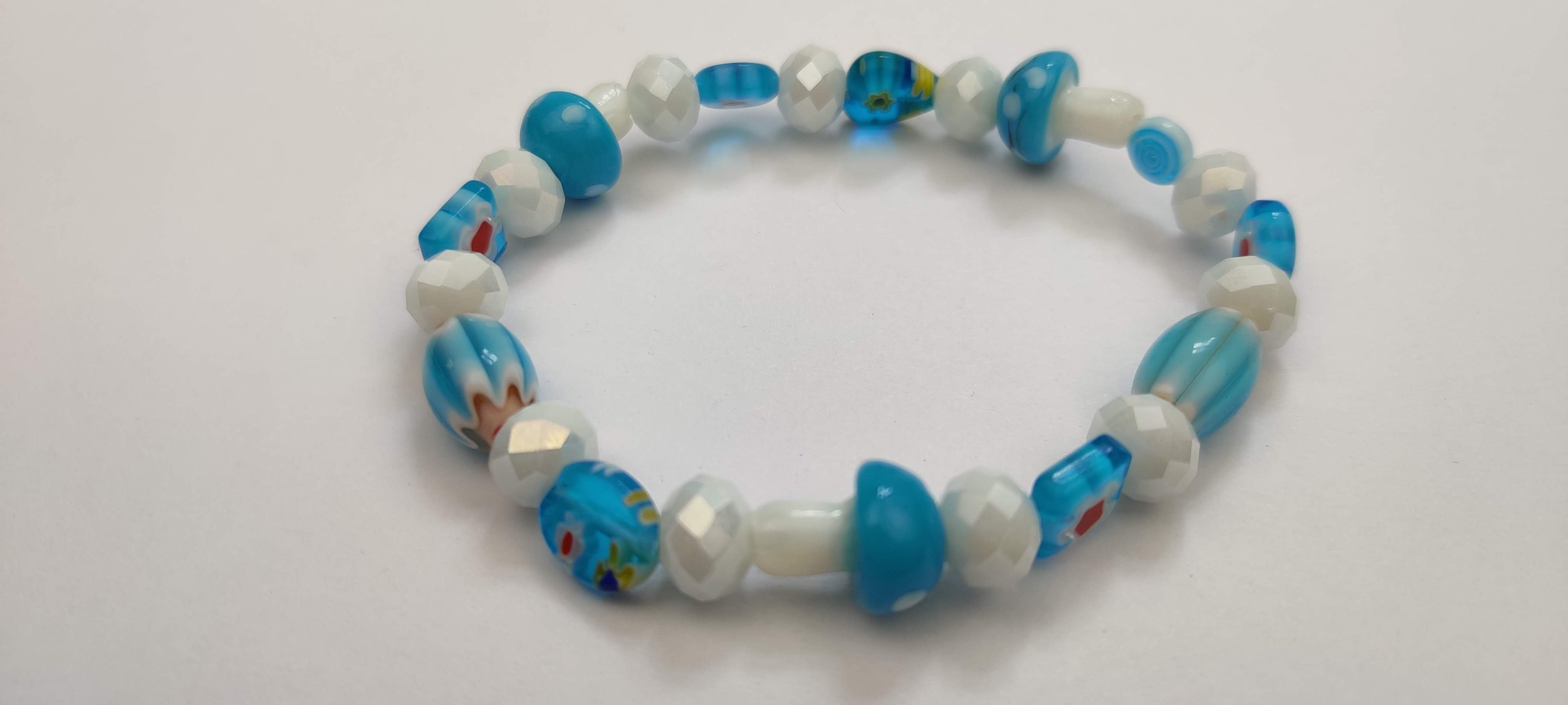Lampwork Glass Millefiori Beads Stretch in Light Blue and White Glass Beads Bracelet