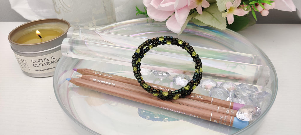 Black and Light Green Beads Memory Wire Bracelet