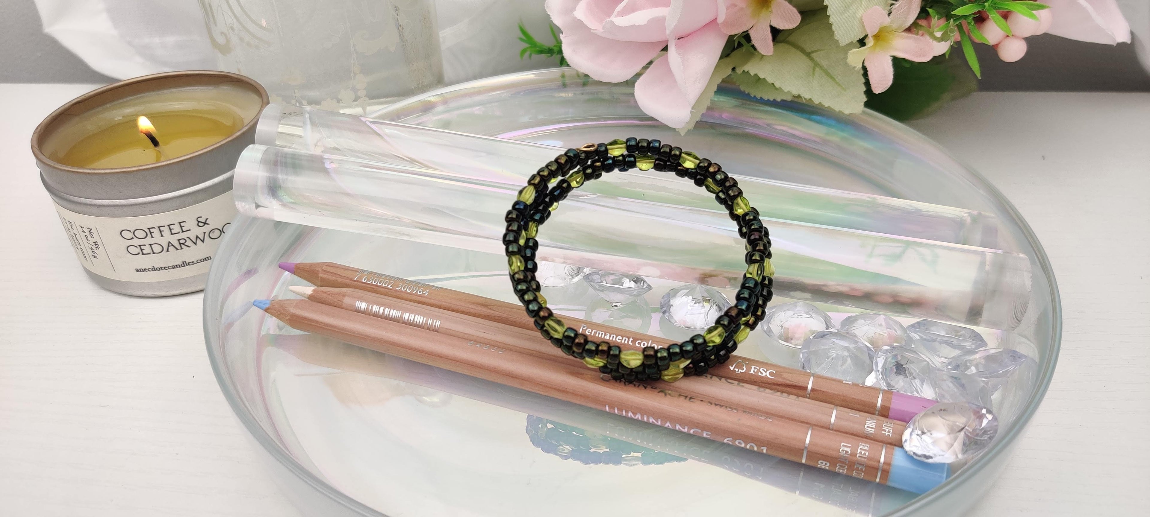 Black and Light Green Beads Memory Wire Bracelet