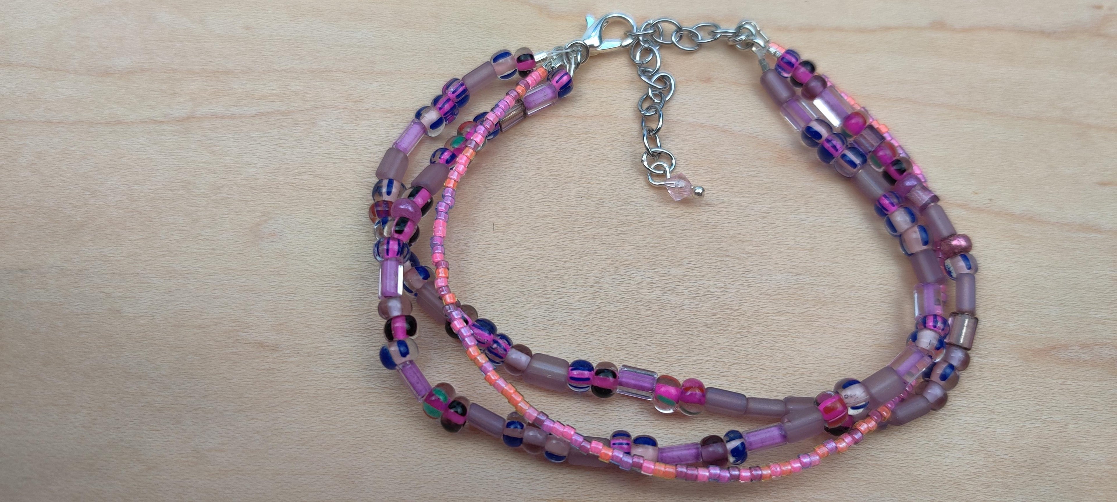 Three Strand Minimalist Bracelet with Purple and Pink Beads