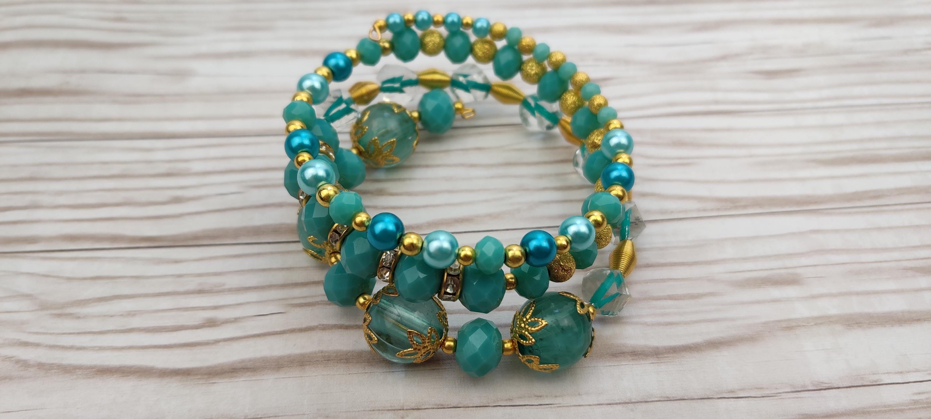 Blue-Green Beads Memory Wire Bracelet