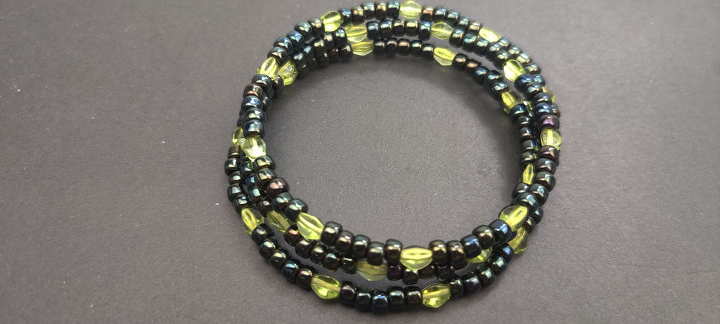 Black and Light Green Beads Memory Wire Bracelet
