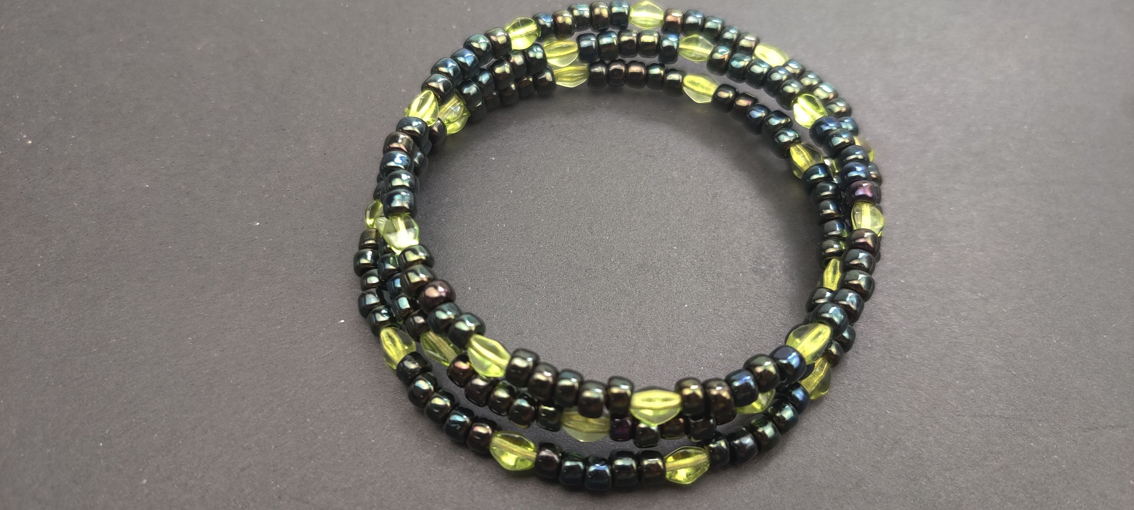 Black and Light Green Beads Memory Wire Bracelet