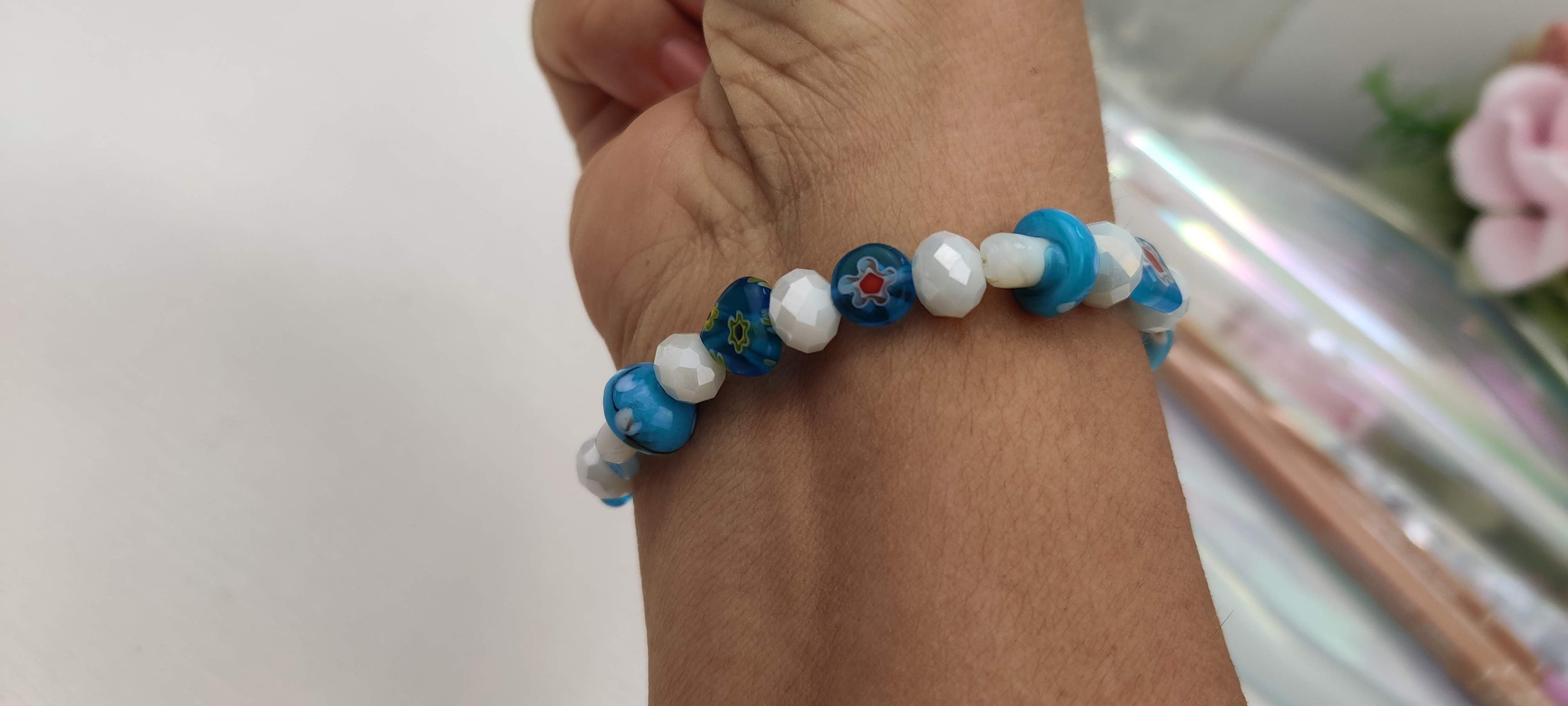 Lampwork Glass Millefiori Beads Stretch in Light Blue and White Glass Beads Bracelet