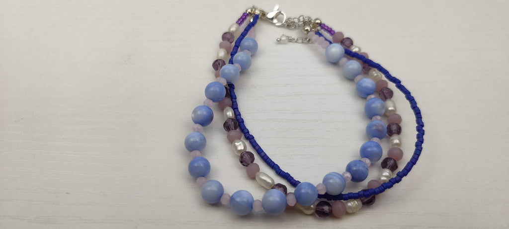 Three Strand Bracelet with Blue and Purple Glass Beads