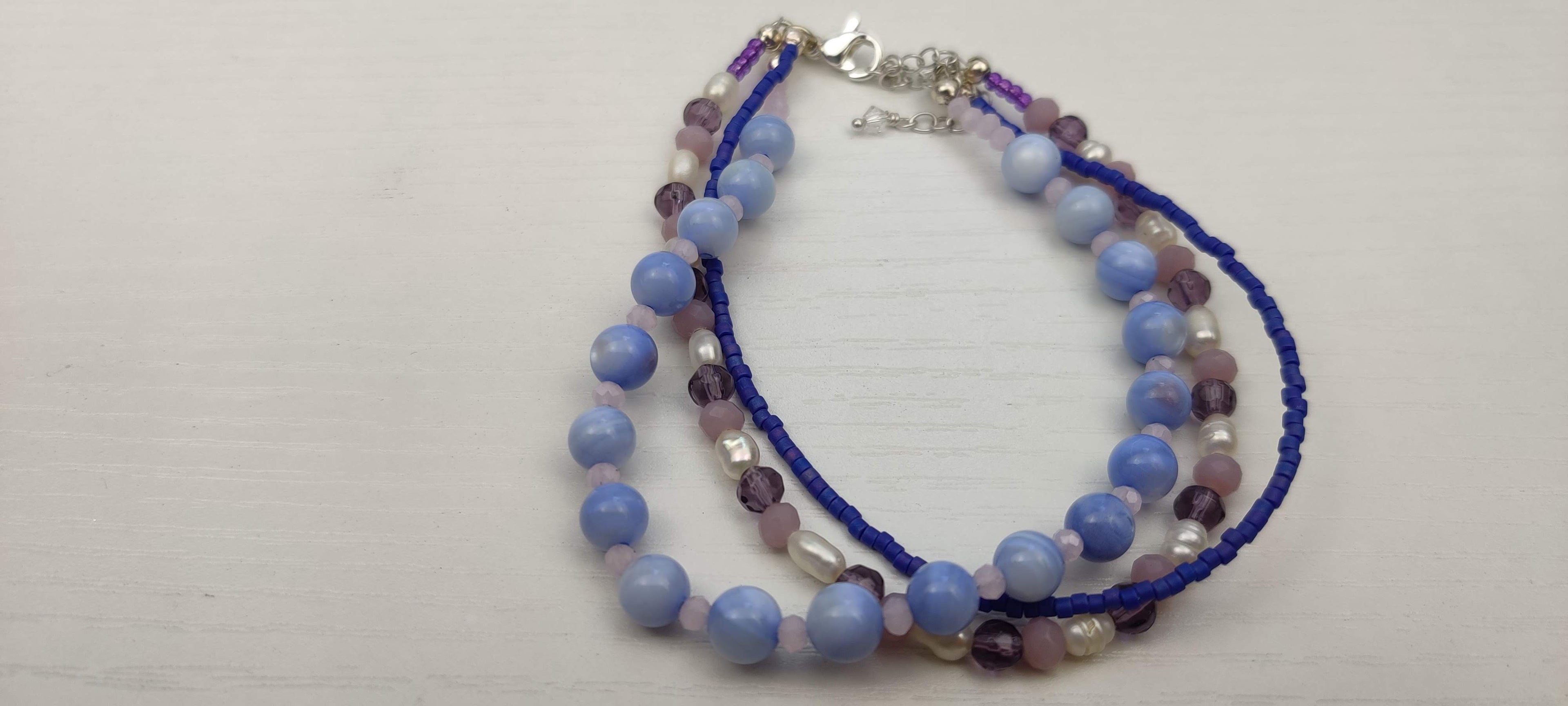 Three Strand Bracelet with Blue and Purple Glass Beads