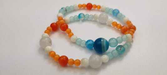 Two Natural Stones Bracelets in Blue, Orange, and White