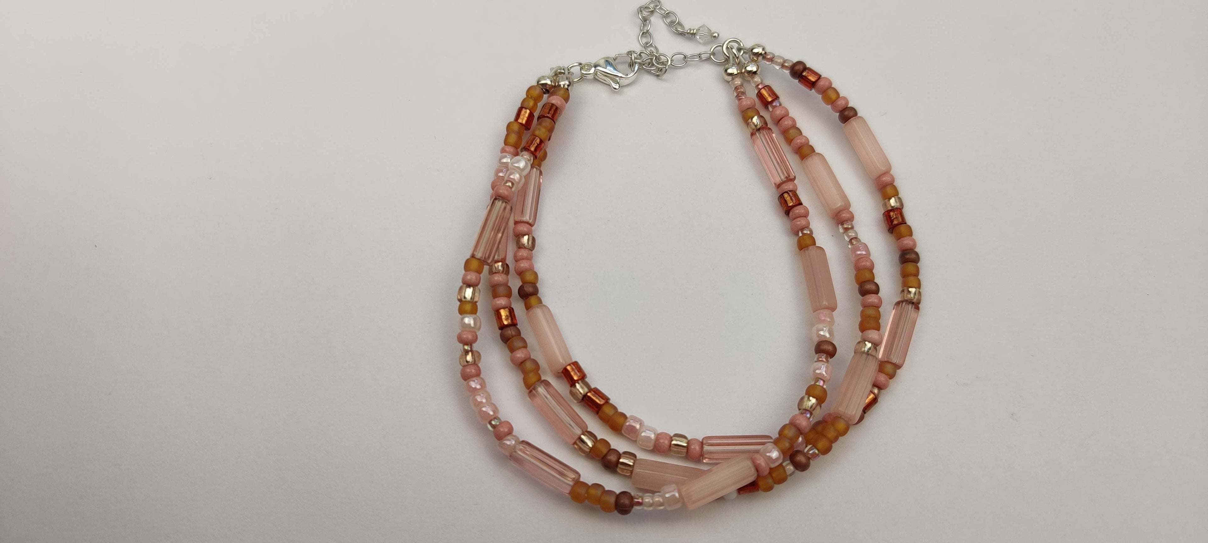 Three Strand Bracelet with Peach and Brown Beads