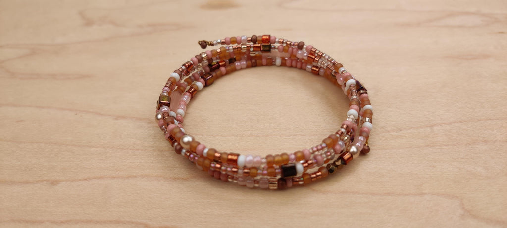 Peach, White, and Shades of Brown Beads Memory Wire Bracelet